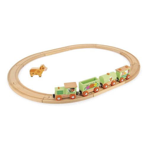 Train et rails en bois FSC pour enfant dès 3 ans, thème ferme, 10 rails et 1 train, JANOD