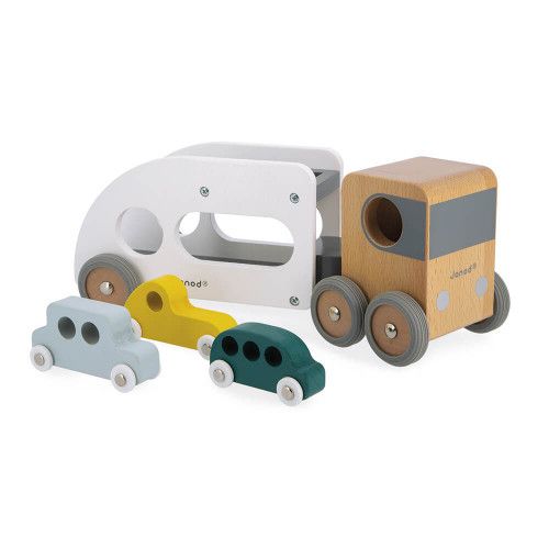 Camion avec remorque et 3 véhicules en bois FSC pour enfant dès 2 ans, roues en caoutchouc, Bolid de JANOD