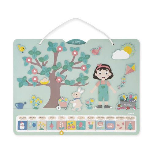 Calendrier des saisons en bois pour enfant dès 3 ans, version anglaise, magnétique avec 125 magnets, accroche murale, JANOD