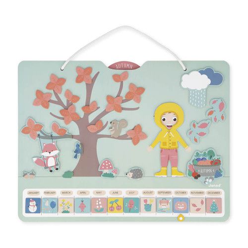 Calendrier des saisons en bois pour enfant dès 3 ans, version anglaise, magnétique avec 125 magnets, accroche murale, JANOD