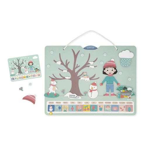 Calendrier des saisons en bois pour enfant dès 3 ans, version anglaise, magnétique avec 125 magnets, accroche murale, JANOD