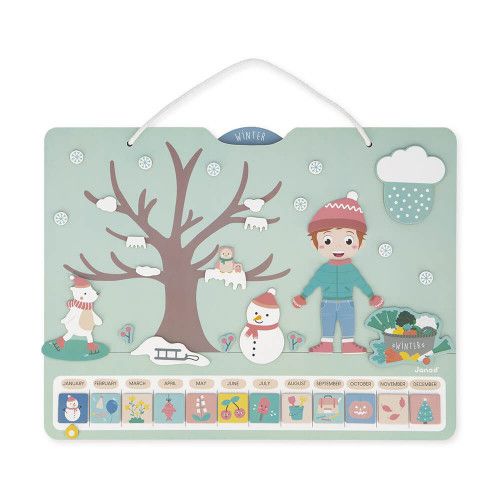 Calendrier des saisons en bois pour enfant dès 3 ans, version anglaise, magnétique avec 125 magnets, accroche murale, JANOD