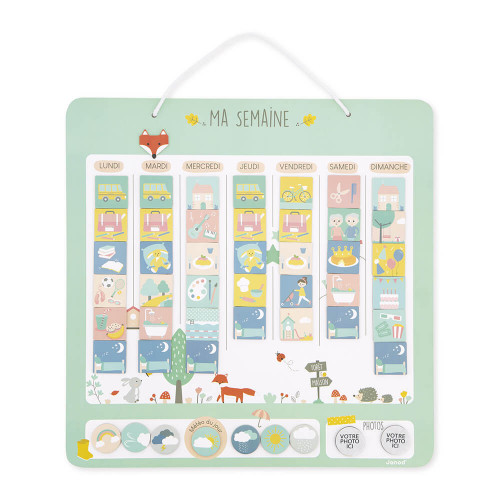Semainier magnétique en bois pour enfant dès 3 ans, 91 magnets, agenda jours de la semaine, accroche murale, JANOD
