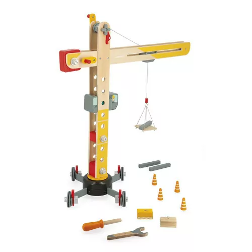 Grue en bois FSC pour enfant dès 3 ans, 10 accessoires et 2 outils, jaune et rouge, engins et bricolage, JANOD