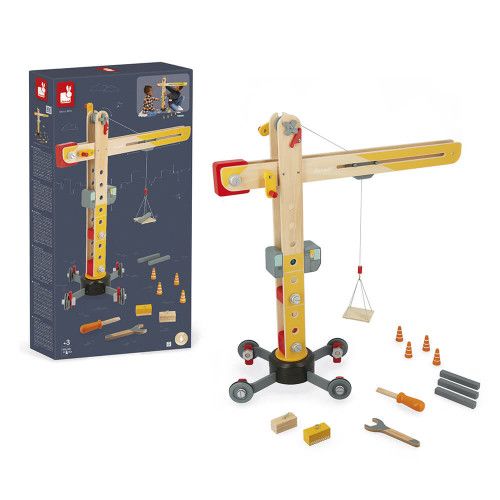 Grue en bois FSC pour enfant dès 3 ans, 10 accessoires et 2 outils, jaune et rouge, engins et bricolage, JANOD