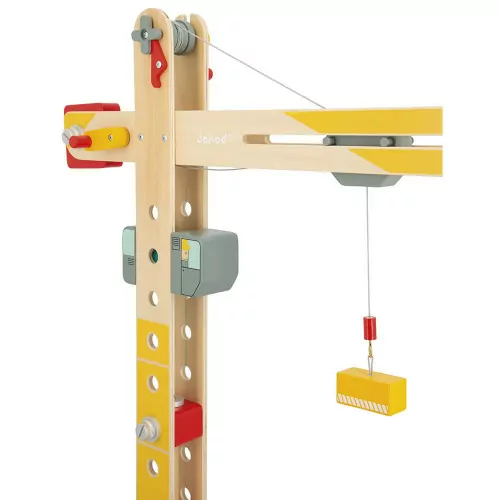 Grue en bois FSC pour enfant dès 3 ans, 10 accessoires et 2 outils, jaune et rouge, engins et bricolage, JANOD