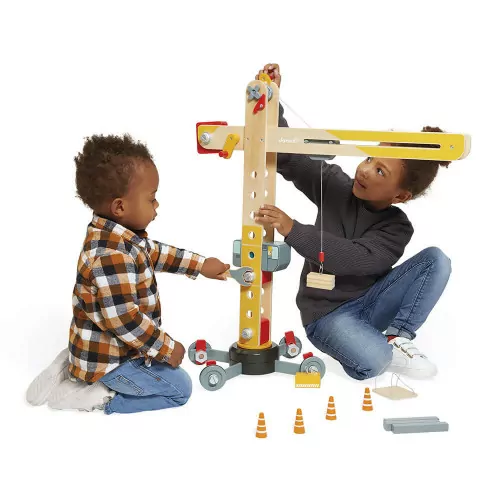 Grue en bois FSC pour enfant dès 3 ans, 10 accessoires et 2 outils, jaune et rouge, engins et bricolage, JANOD