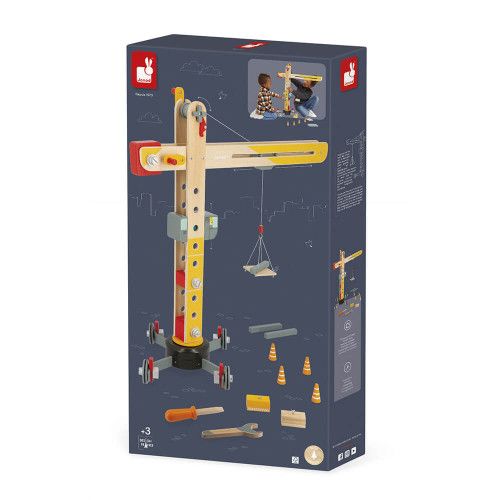 Grue en bois FSC pour enfant dès 3 ans, 10 accessoires et 2 outils, jaune et rouge, engins et bricolage, JANOD