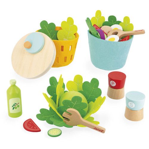 Set de dînette pour salade en bois FSC et feutrine pour enfant dès 3 ans, 32 accessoires, imitation cuisine, JANOD