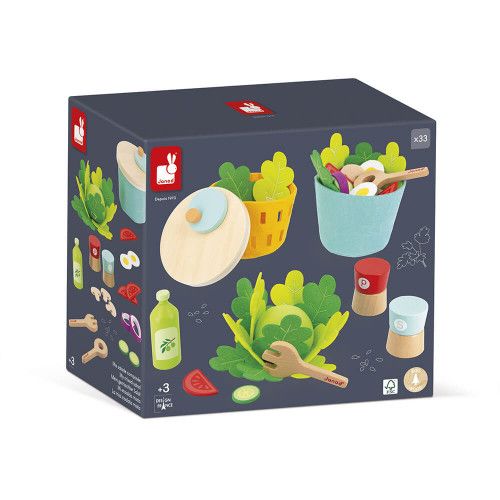 Set de dînette pour salade en bois FSC et feutrine pour enfant dès 3 ans, 32 accessoires, imitation cuisine, JANOD