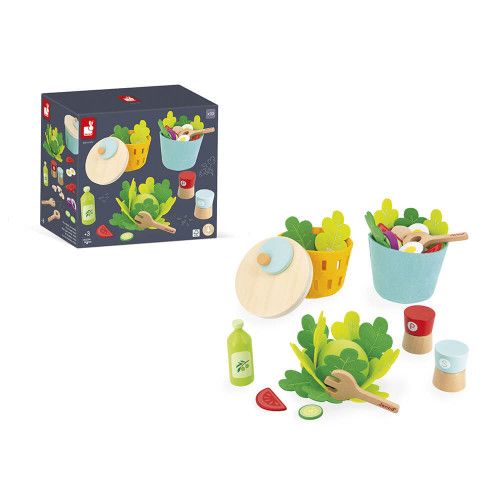 Set de dînette pour salade en bois FSC et feutrine pour enfant dès 3 ans, 32 accessoires, imitation cuisine, JANOD