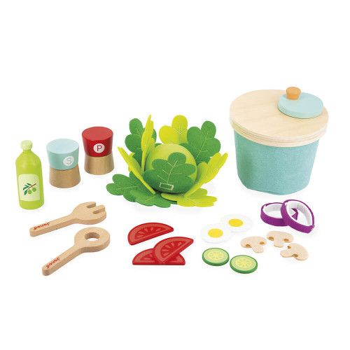 Set de dînette pour salade en bois FSC et feutrine pour enfant dès 3 ans, 32 accessoires, imitation cuisine, JANOD