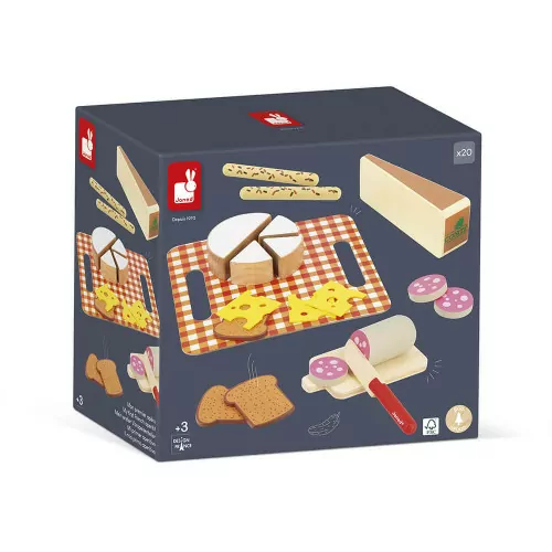 Set pour pic-nic ou apéritif en bois FSC pour enfant dès 3 ans, fromage et charcuterie, 19 accessoires, imitation cuisine, JANOD