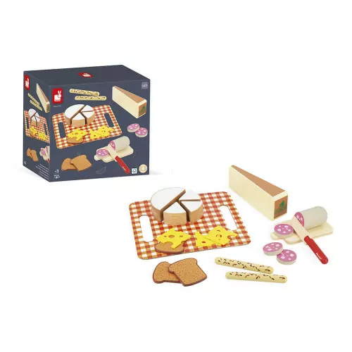 Set pour pic-nic ou apéritif en bois FSC pour enfant dès 3 ans, fromage et charcuterie, 19 accessoires, imitation cuisine, JANOD