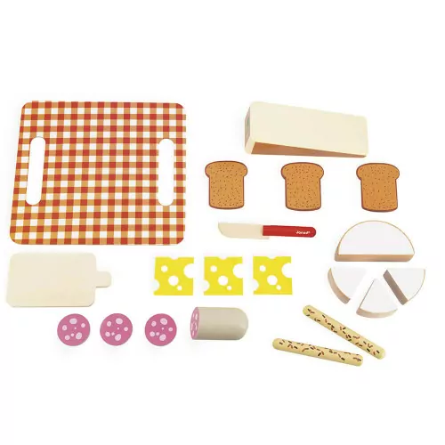 Set pour pic-nic ou apéritif en bois FSC pour enfant dès 3 ans, fromage et charcuterie, 19 accessoires, imitation cuisine, JANOD