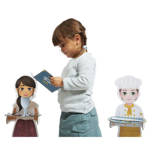Set accessoires imitation restaurant pour enfant dès 3 ans, en carton FSC, 4 personnages, aliments, imitation métier JANOD