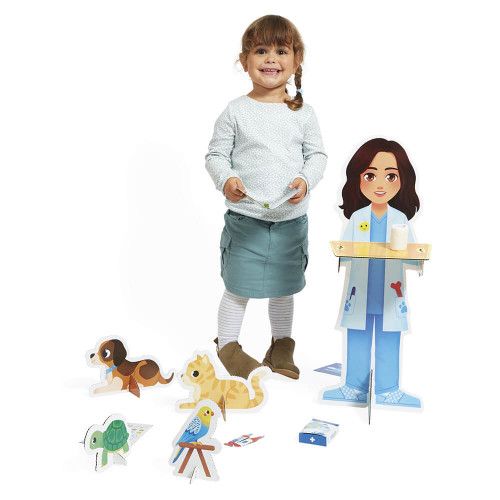 Set accessoires imitation vétérinaire pour enfant dès 3 ans, en carton FSC, 1 personnage et 4 animaux, imitation métier JANOD