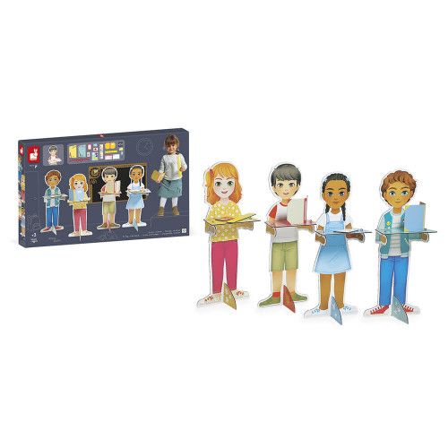 Set accessoires imitation école pour enfant dès 3 ans, en carton FSC, 4 personnages et accessoires, imitation métier JANOD