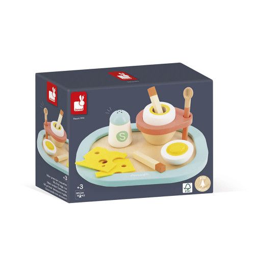 Coquetier et accessoires en bois FSC pour enfant dès 3 ans, œuf et fromage en feutrine, imitation cuisine dinette JANOD