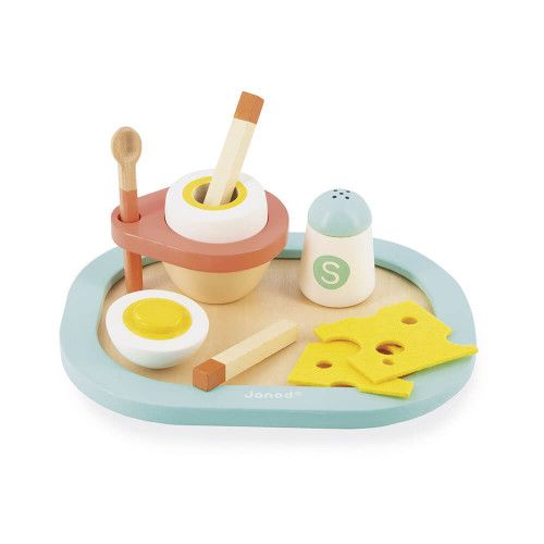 Coquetier et accessoires en bois FSC pour enfant dès 3 ans, œuf et fromage en feutrine, imitation cuisine dinette JANOD