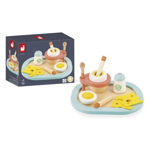 Coquetier et accessoires en bois FSC pour enfant dès 3 ans, œuf et fromage en feutrine, imitation cuisine dinette JANOD