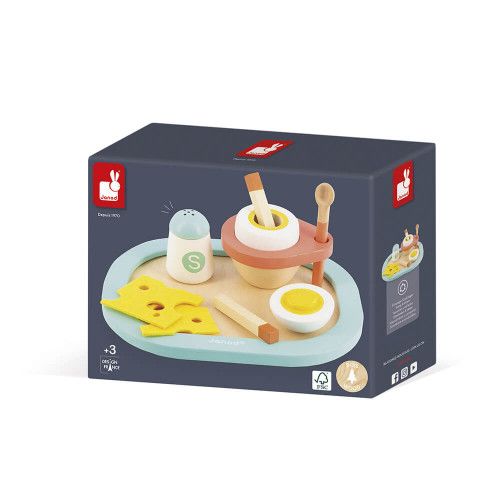 Coquetier et accessoires en bois FSC pour enfant dès 3 ans, œuf et fromage en feutrine, imitation cuisine dinette JANOD