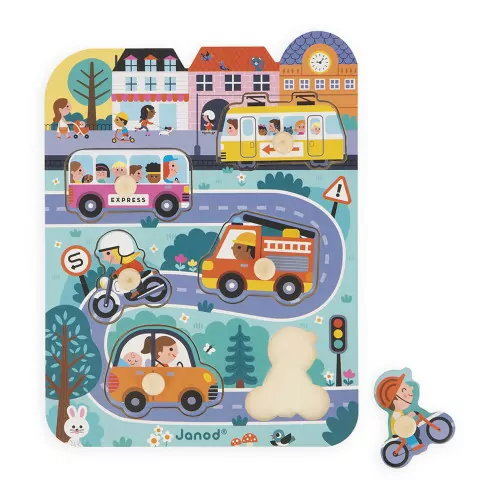 Puzzle à tenons en bois pour enfant dès 18 mois, puzzle premier âge thème ville et véhicules, 6 pièces, JANOD