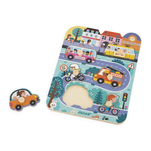 Puzzle à tenons en bois pour enfant dès 18 mois, puzzle premier âge thème ville et véhicules, 6 pièces, JANOD