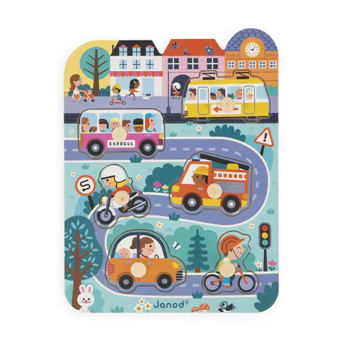 Puzzle à tenons en bois pour enfant dès 18 mois, puzzle premier âge thème ville et véhicules, 6 pièces, JANOD