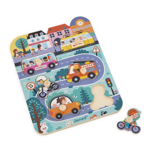 Puzzle à tenons en bois pour enfant dès 18 mois, puzzle premier âge thème ville et véhicules, 6 pièces, JANOD