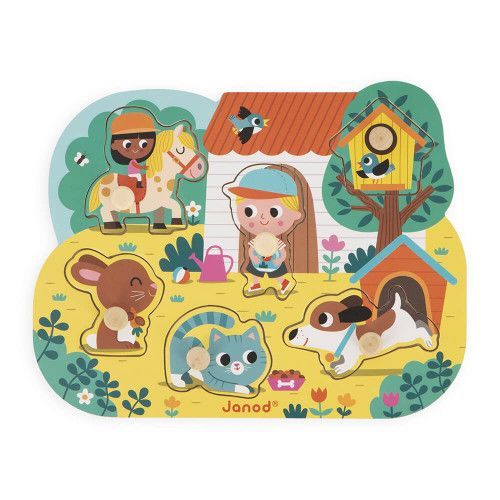 Puzzle à tenons en bois pour enfant dès 18 mois, puzzle premier âge thème campagne et ferme, 6 pièces, JANOD