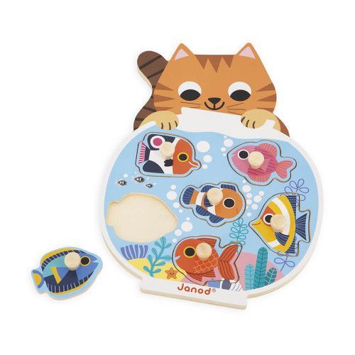 Puzzle à tenons en bois pour enfant dès 18 mois, puzzle premier âge thème poissons et chat, 6 pièces, JANOD