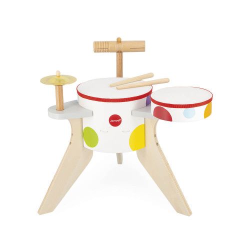 Batterie en bois pour enfant dès 3 ans, jouet musical imitation instrument de musique, percussions, JANOD