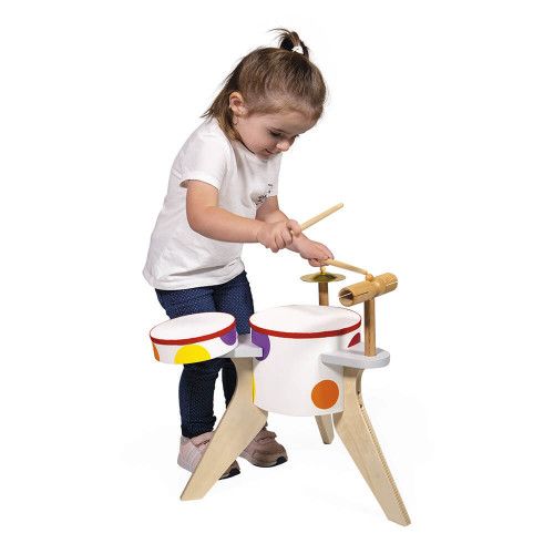 Batterie en bois pour enfant dès 3 ans, jouet musical imitation instrument de musique, percussions, JANOD