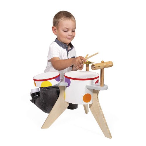 Batterie en bois pour enfant dès 3 ans, jouet musical imitation instrument de musique, percussions, JANOD