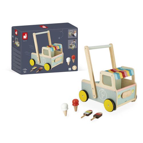 Chariot de marche en bois FSC pour enfant dès 12 mois, marchand de glace, 4 accessoires, pour bébé 1 an, jouet d'éveil JANOD