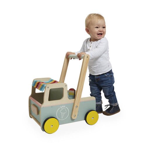 Chariot de marche en bois FSC pour enfant dès 12 mois, marchand de glace, 4 accessoires, pour bébé 1 an, jouet d'éveil JANOD