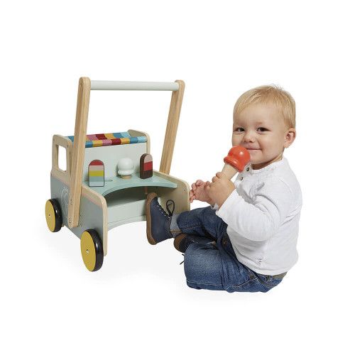 Chariot de marche en bois FSC pour enfant dès 12 mois, marchand de glace, 4 accessoires, pour bébé 1 an, jouet d'éveil JANOD