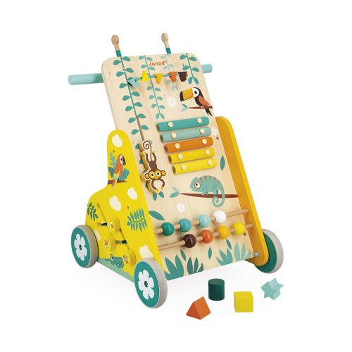 Chariot de marche en bois pour enfant dès 12 mois, 6 activités pour bébé dès 1 an, avec freins, Tropik de Janod