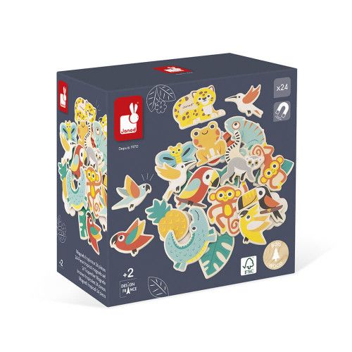 Lot de 24 magnets en bois pour enfant dès 2 ans, aimants animaux multicolor, pour tableau, Tropik de JANOD