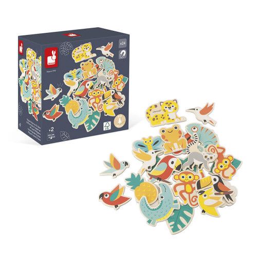 Lot de 24 magnets en bois pour enfant dès 2 ans, aimants animaux multicolor, pour tableau, Tropik de JANOD