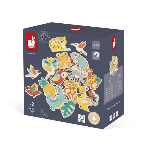 Lot de 24 magnets en bois pour enfant dès 2 ans, aimants animaux multicolor, pour tableau, Tropik de JANOD