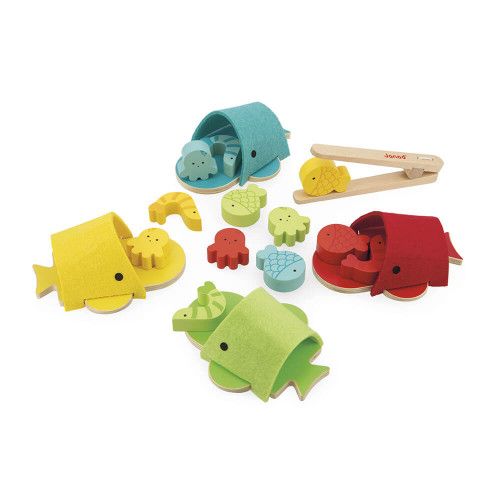 Tri des couleurs baleines, en feutrine et bois FSC, pour enfant dès 2 ans, jouet d'éveil éducatif formes et couleurs JANOD