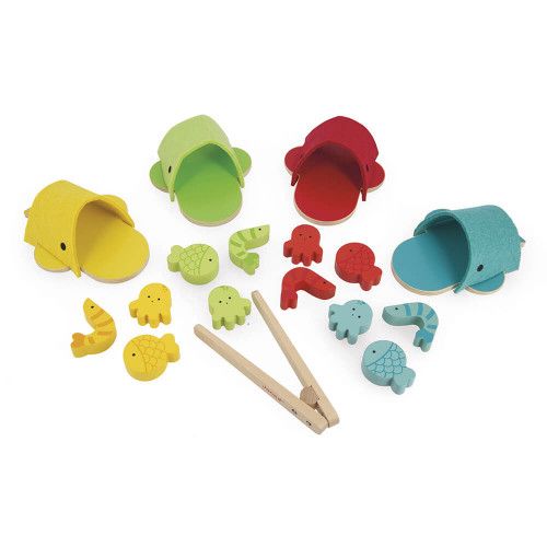 Tri des couleurs baleines, en feutrine et bois FSC, pour enfant dès 2 ans, jouet d'éveil éducatif formes et couleurs JANOD