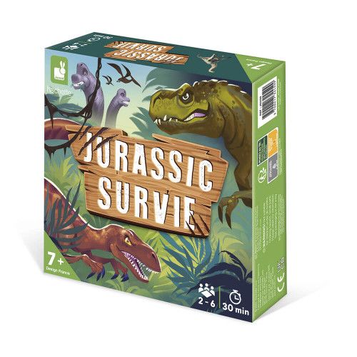 Jurassic Survie, jeu coopératif thème dinosaures pour enfant dès 7 ans, cartes posters, jeu de société éducatif Hachette JANOD