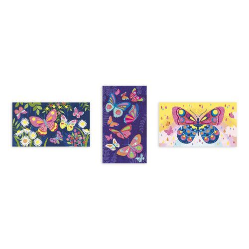 Sables fluos papillons, 2 tableaux à créer, pour enfant dès 6 ans, loisir créatif Les ateliers du calme Hachette JANOD