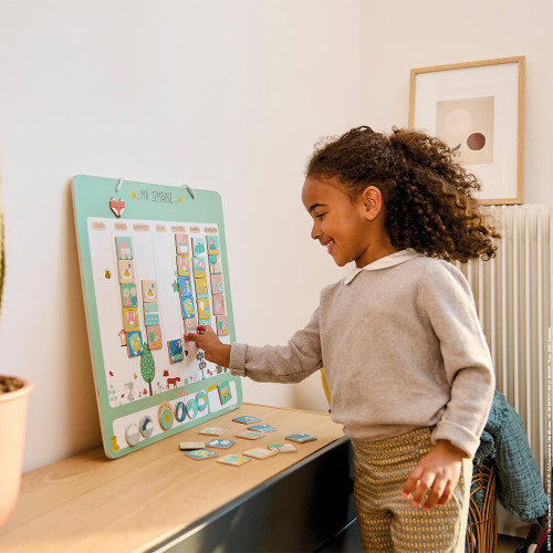 Semainier magnétique en bois pour enfant dès 3 ans, 91 magnets, agenda jours de la semaine, accroche murale, JANOD