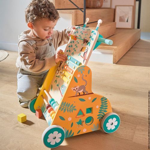 Chariot de marche en bois pour enfant dès 12 mois, 6 activités pour bébé dès 1 an, avec freins, Tropik de Janod