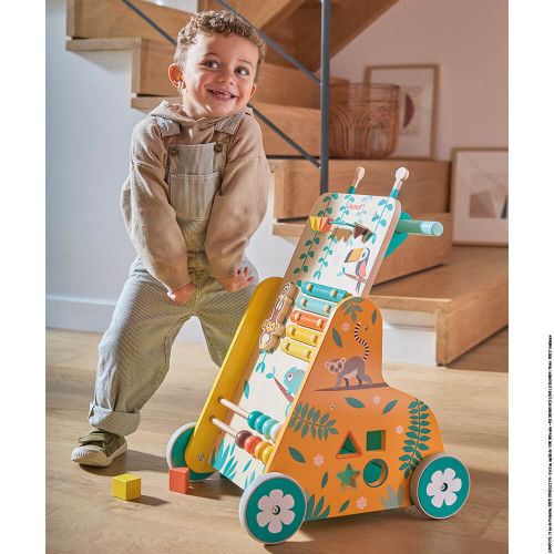 Chariot de marche en bois pour enfant dès 12 mois, 6 activités pour bébé dès 1 an, avec freins, Tropik de Janod