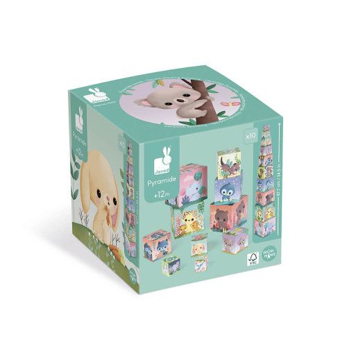 Pyramide Carrée les Animaux tous mignons, cubes en carton, éveil motricité manipulation bébé, pour enfant dès 12 mois JANOD